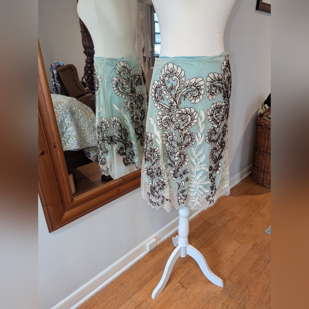 Vintage Aqua & Cream Floral Embroidered Midi Skirt
